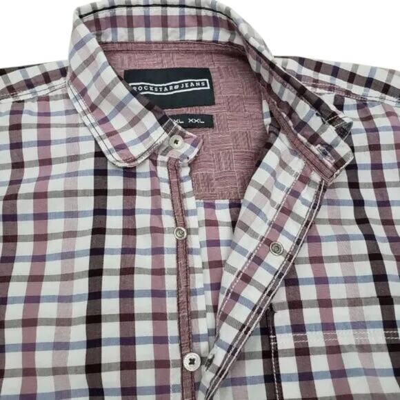 Rockstar Jeans Plaid Checks Shirt Snap Button Contrast Roll tab Rare Unique XS S - Picture 2 of 10